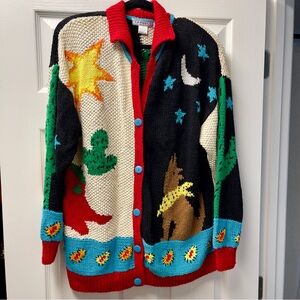 Vintage Raphel Hand Knitted Cardigan 90’s Southwestern Cactus Whimsy Artsy Bold